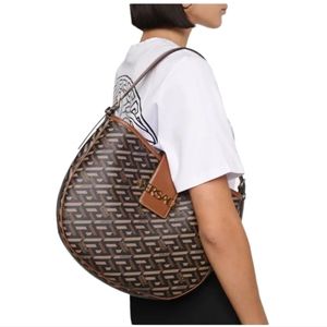 VERSACECoated Canvas Calfskin La Greca Signature Shoulder Bag Black Caramel